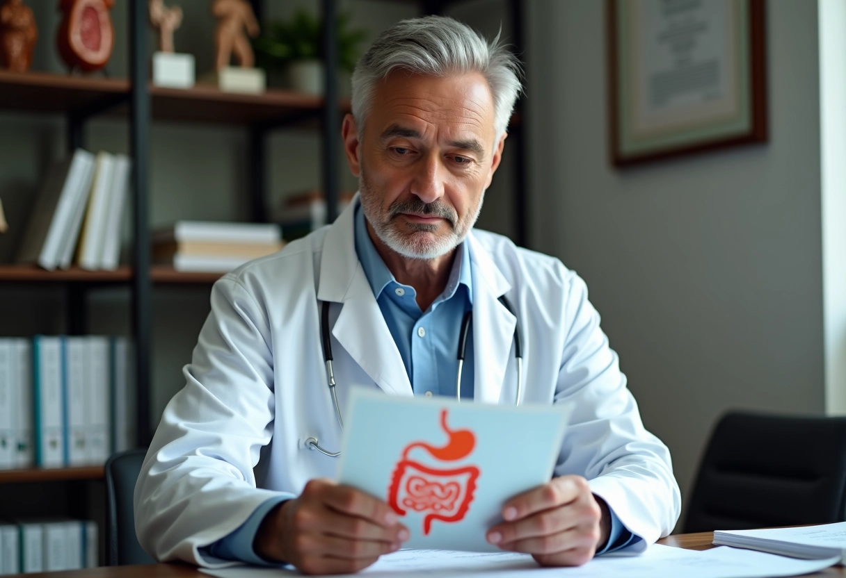 Médecin examinant un diagramme du système digestif dans son bureau