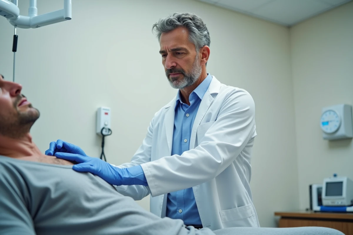 Médecin examinant les côtes d'un patient pour diagnostiquer une fracture ou fissure costale