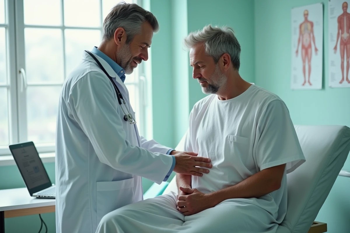 Médecin examinant la zone des côtes flottantes d'un patient pour diagnostiquer une douleur chronique