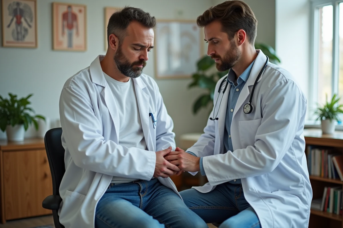 Médecin généraliste examinant les ganglions inguinaux d'un patient masculin lors d'une consultation