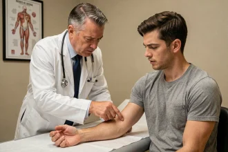 Médecin examinant le bras d'un patient qui souffre de muscles qui tressautent lors d'une consultation médicale