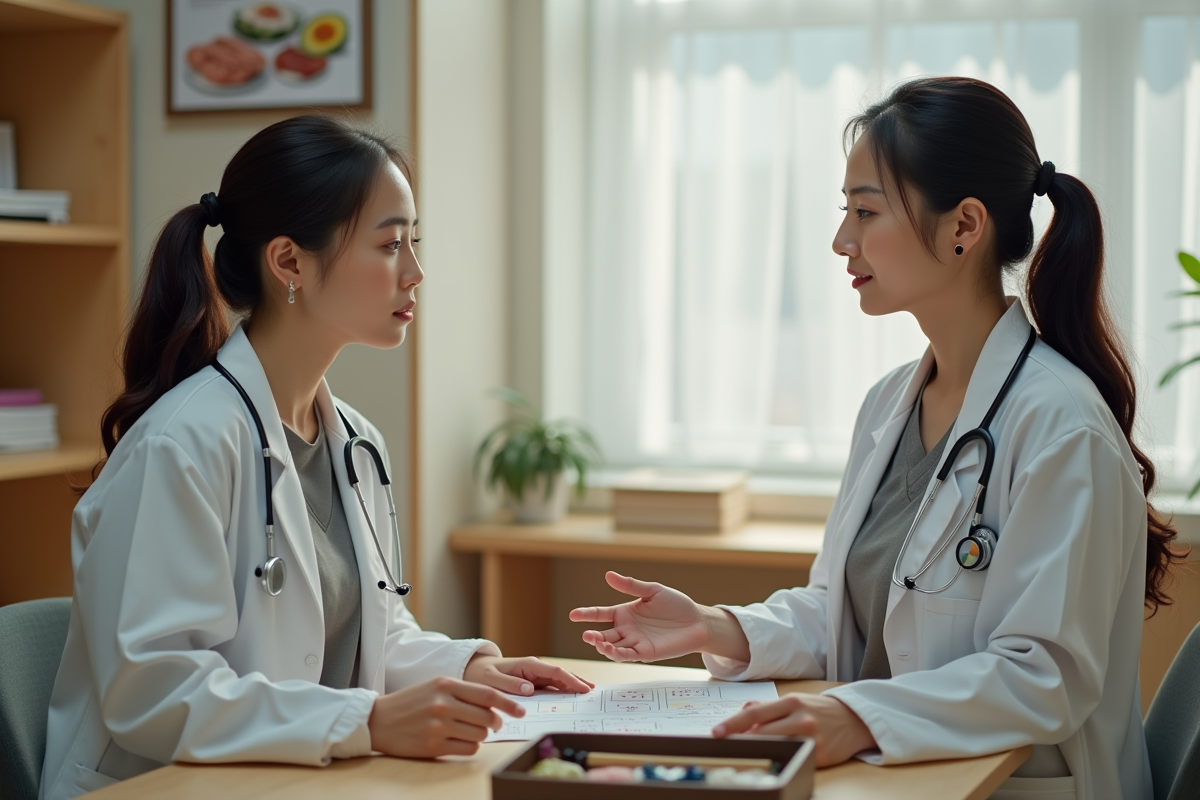 Docteur expliquant la sécurité alimentaire à une femme enceinte