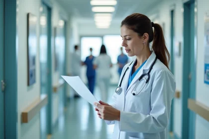 Medecin femme en blanc dans un hopital moderne