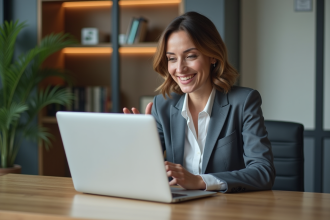 Médecin femme en consultation vidéo dans son bureau moderne