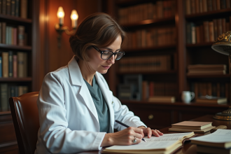 Médecin femme ancienne étude bibliothèque vintage