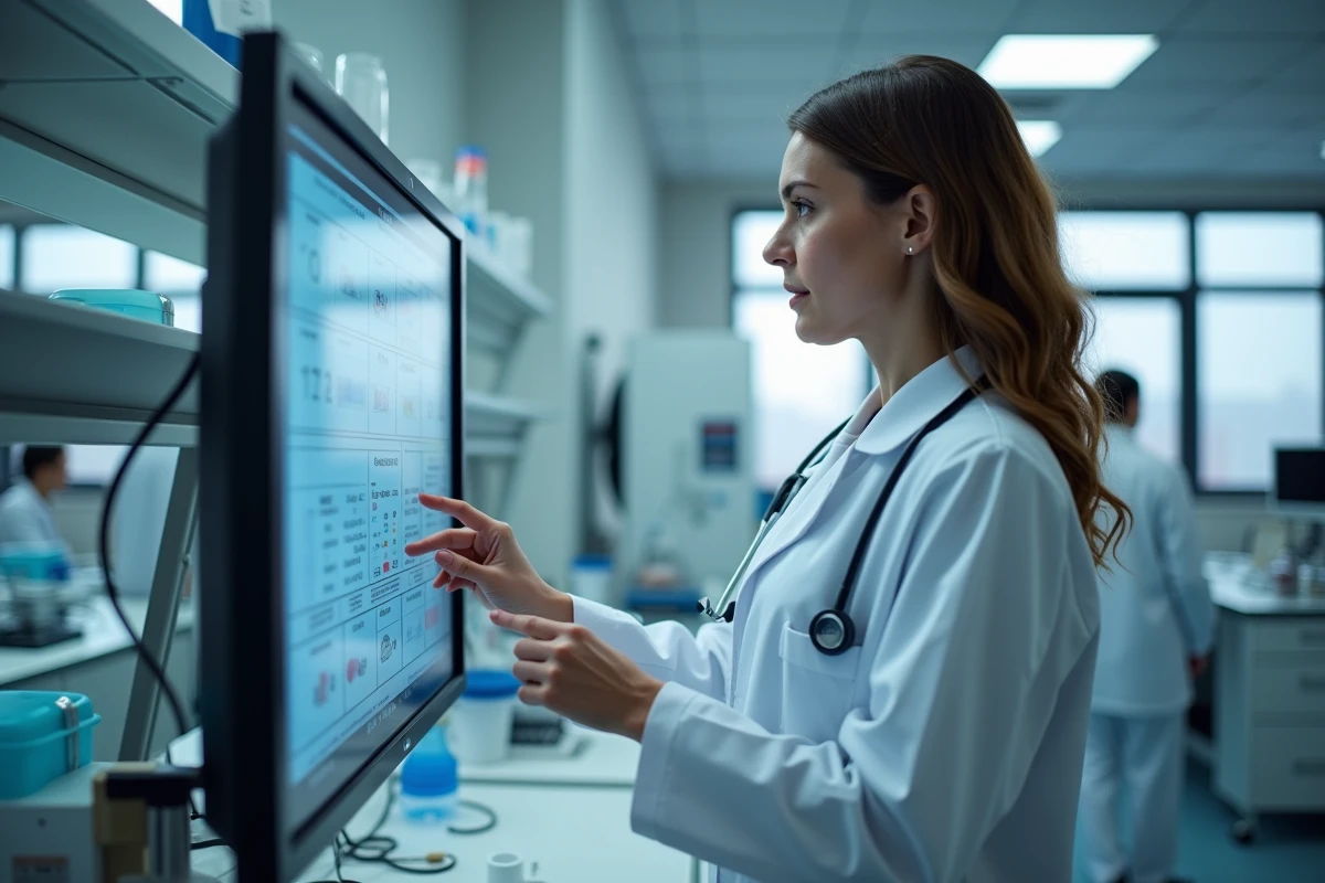 Médecin femme analysant un graphique sanguin sur un écran en laboratoire