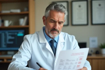Médecin analysant des résultats d'analyses sanguines montrant le taux de Gamma GT dans un cabinet médical