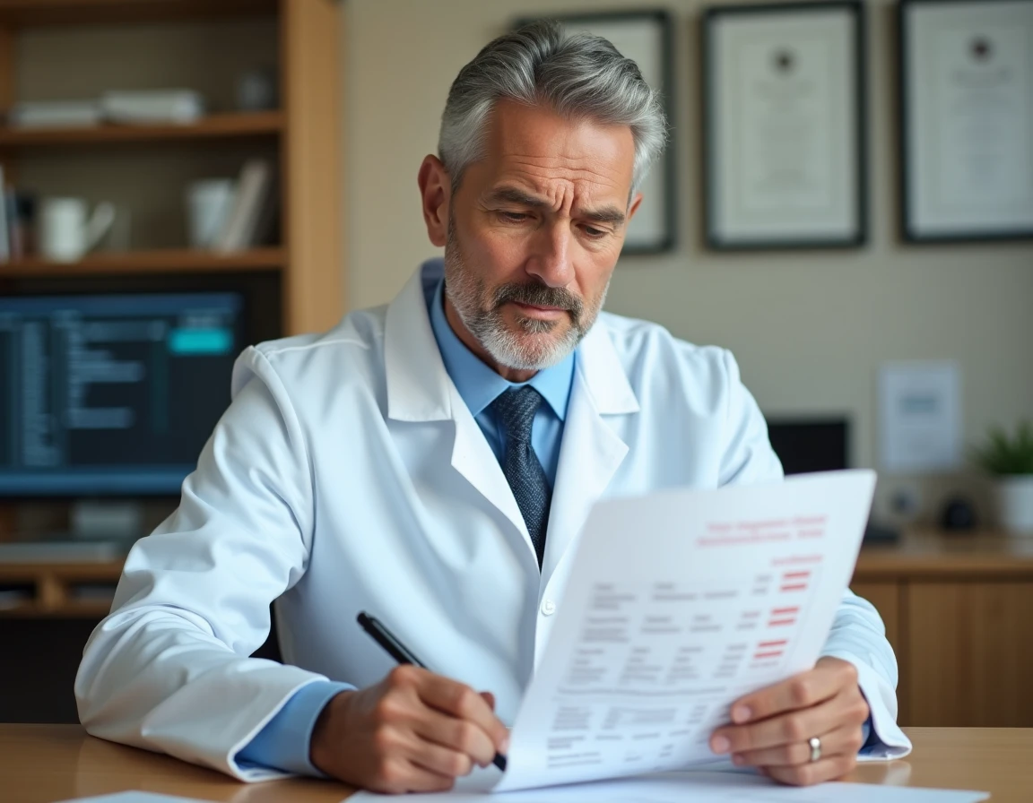 Médecin analysant des résultats d'analyses sanguines montrant le taux de Gamma GT dans un cabinet médical