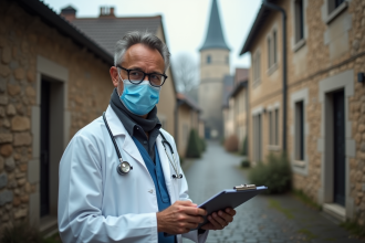 Médecin français en rue pavée matinée fraîche
