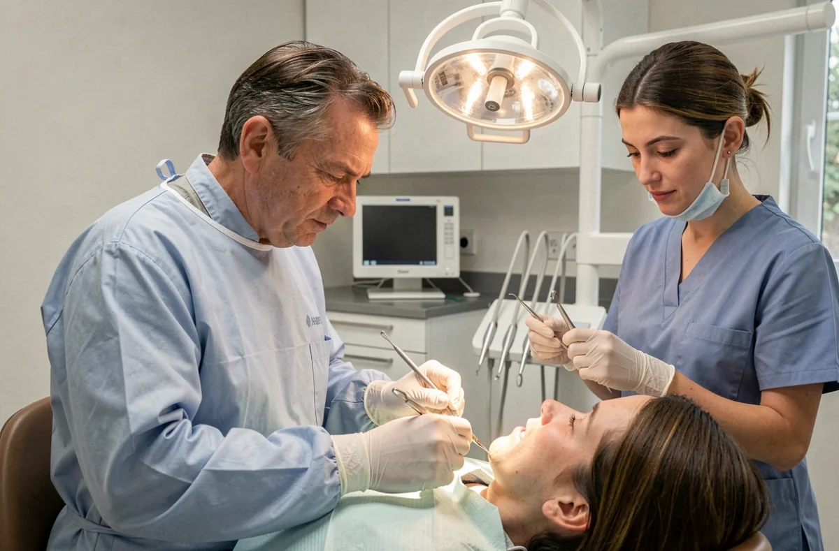 Philippe Monjoin, dentiste à Longjumeau, réalisant un soin dentaire avec son assistante