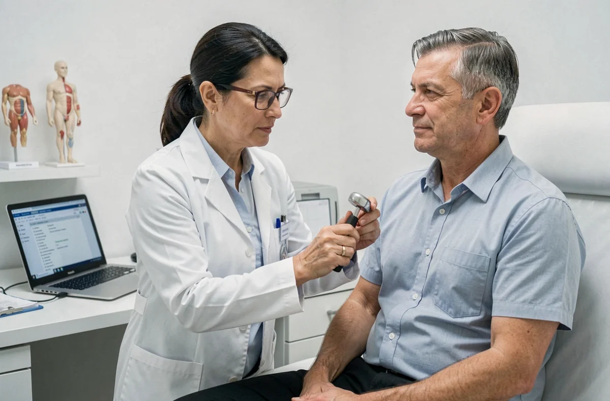 Neurologue réalisant un examen neurologique avec un marteau réflexe sur un patient consultant pour des fasciculations musculaires