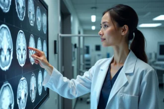 Neurologue femme examinant des IRM cérébrales avec taches blanches sur un négatoscope en salle de consultation hospitalière