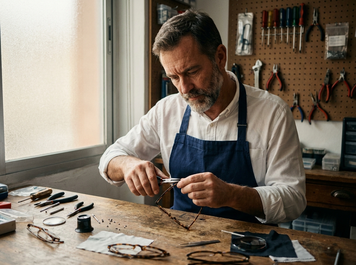 Un opticien artisan ajustant des montures de lunettes sur son établi dans un petit atelier indépendant