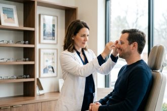 Opticienne en blouse blanche ajustant des lunettes sur un client dans une boutique d'optique moderne en Hauts-de-France