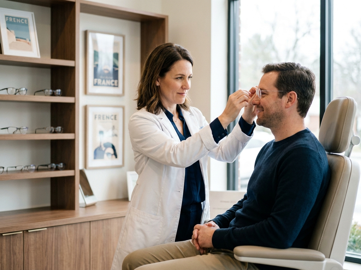 Opticienne en blouse blanche ajustant des lunettes sur un client dans une boutique d'optique moderne en Hauts-de-France
