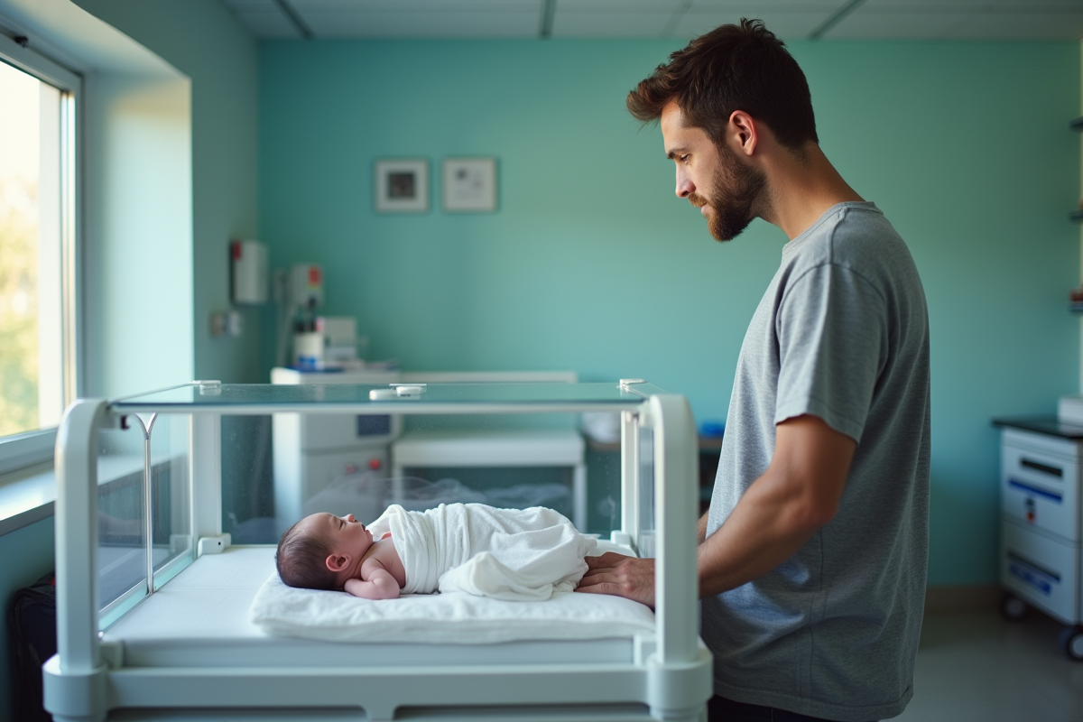 Père regardant son nouveau-né dans un incubateur à l