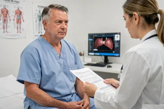 Patient homme d'âge moyen consulte un médecin pour des résultats d'analyses hépatiques élevés, dont le GGT, dans un cabinet médical moderne
