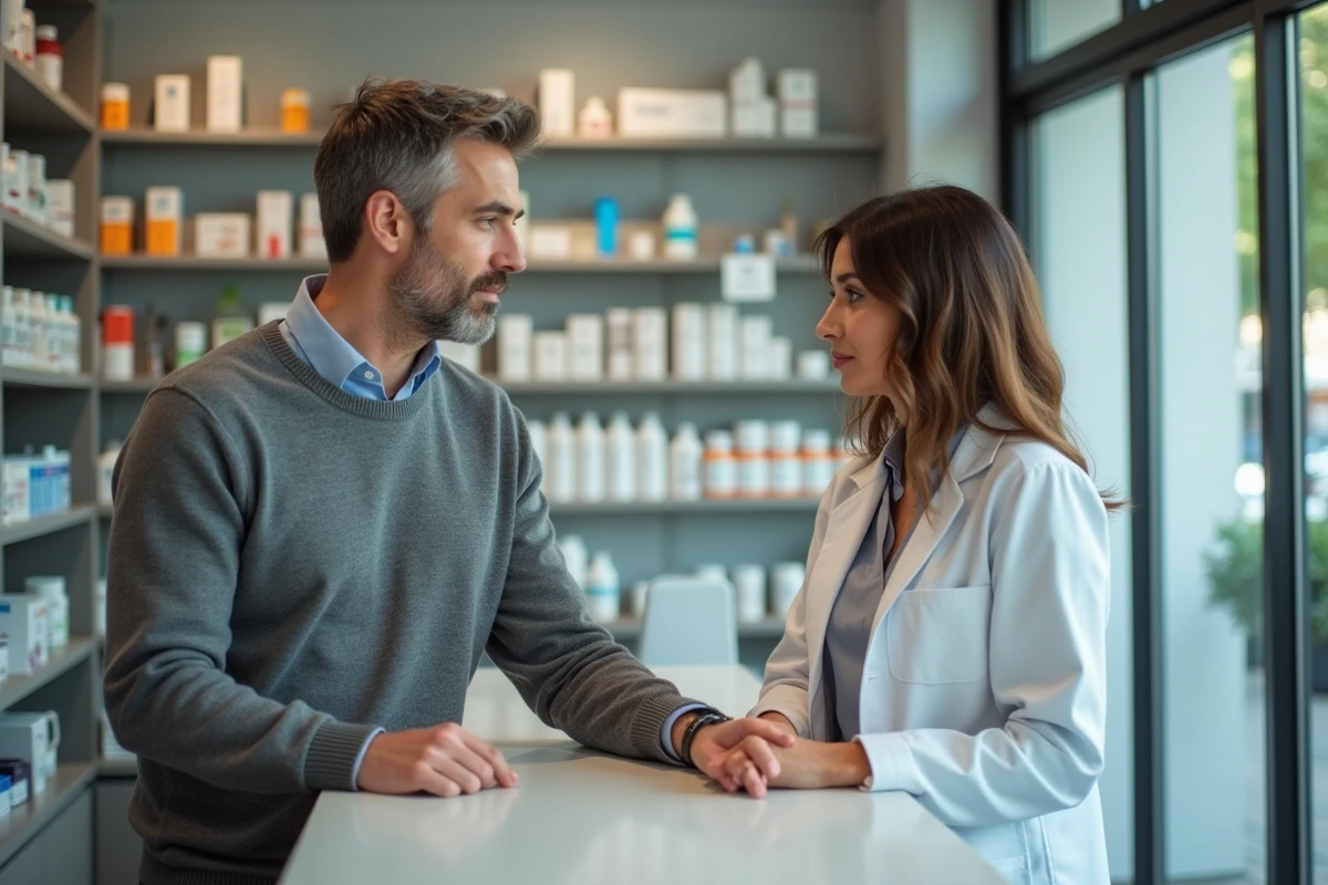 Patient discutant du remboursement de ses soins avec une pharmacienne en officine