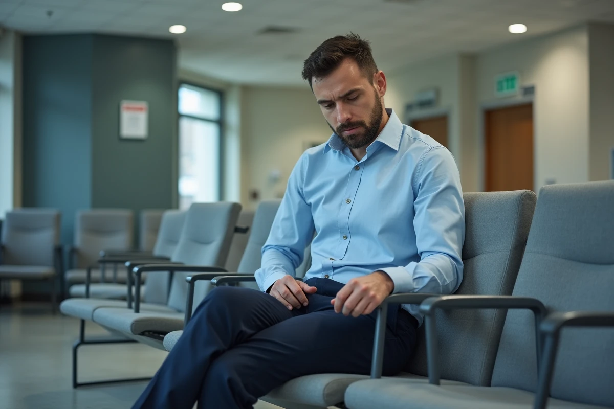 Homme inquiet assis dans une salle d'attente hospitalière avant une consultation pour des ganglions inguinaux