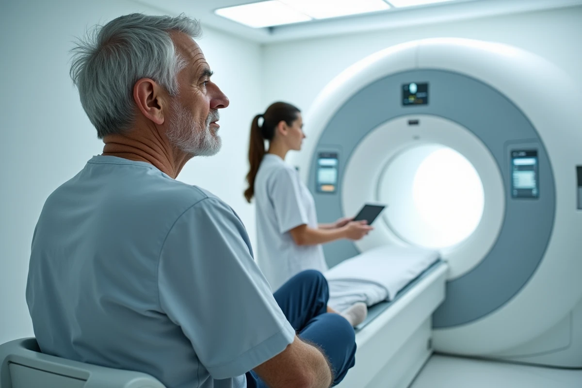 Patient senior discutant avec une technicienne médicale avant un examen IRM ouvert nouvelle génération