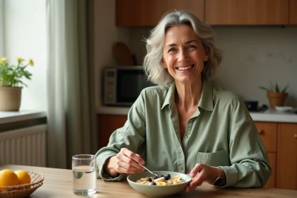 Femme prenant un petit-déjeuner doux et digeste pour limiter les extrasystoles liées à l'estomac