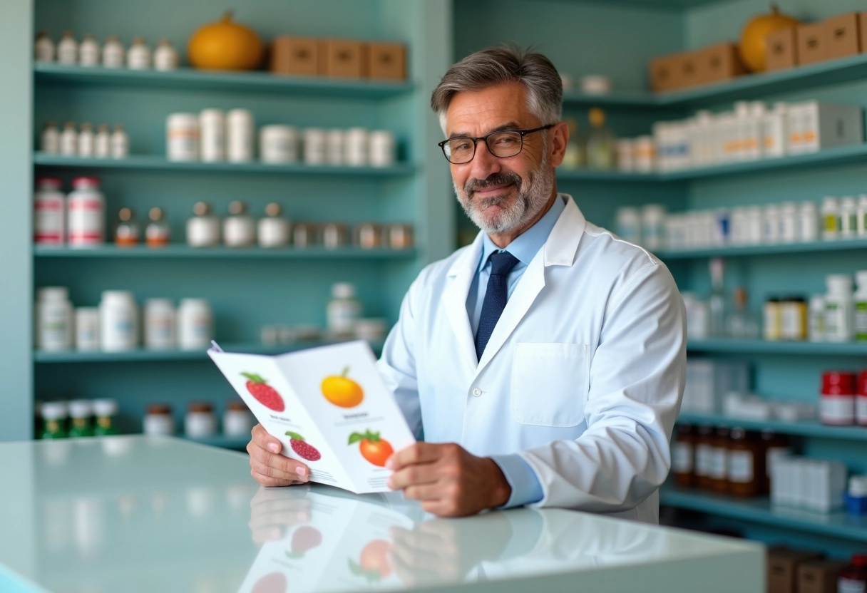 Pharmacien en blouse blanche consulte un brochure sur les fruits