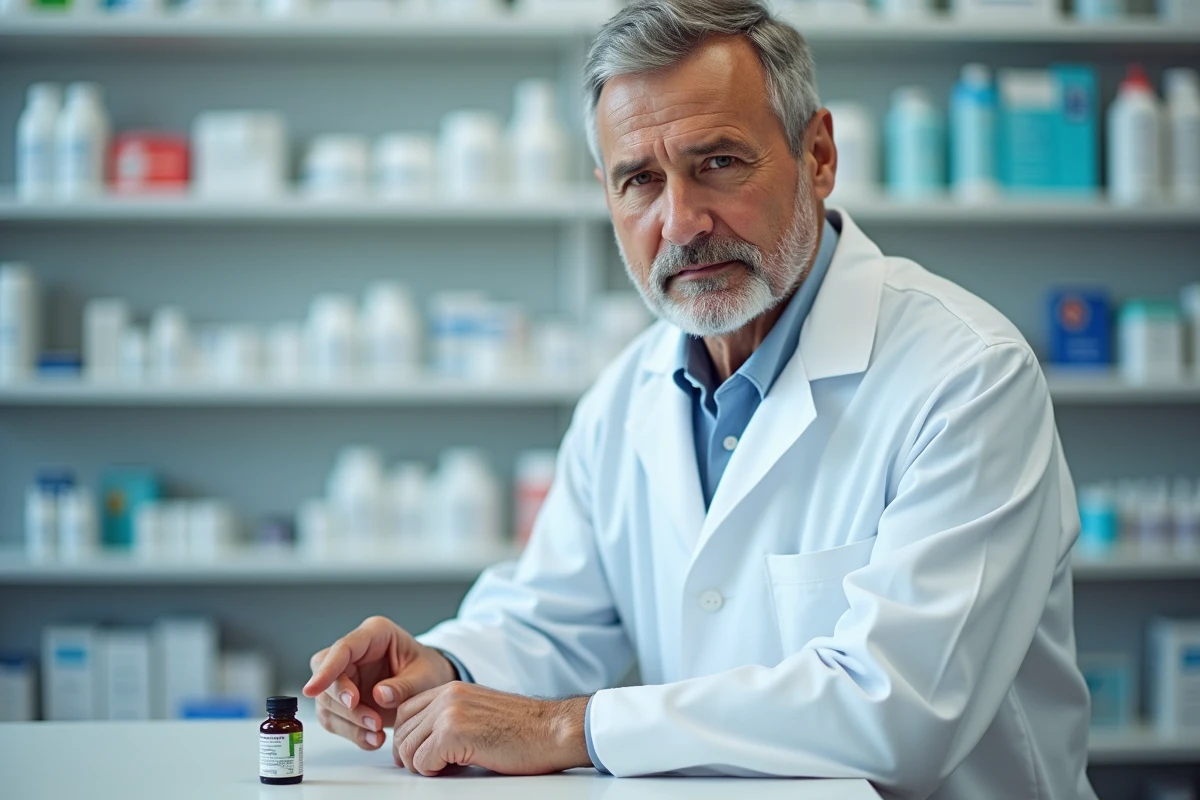 Pharmacien conseillant sur les dangers de boire de l'huile de ricin en officine