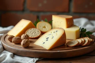 Plateau de fromages variés pour diabétique incluant comté, gruyère, chèvre et roquefort sur une planche en bois rustique