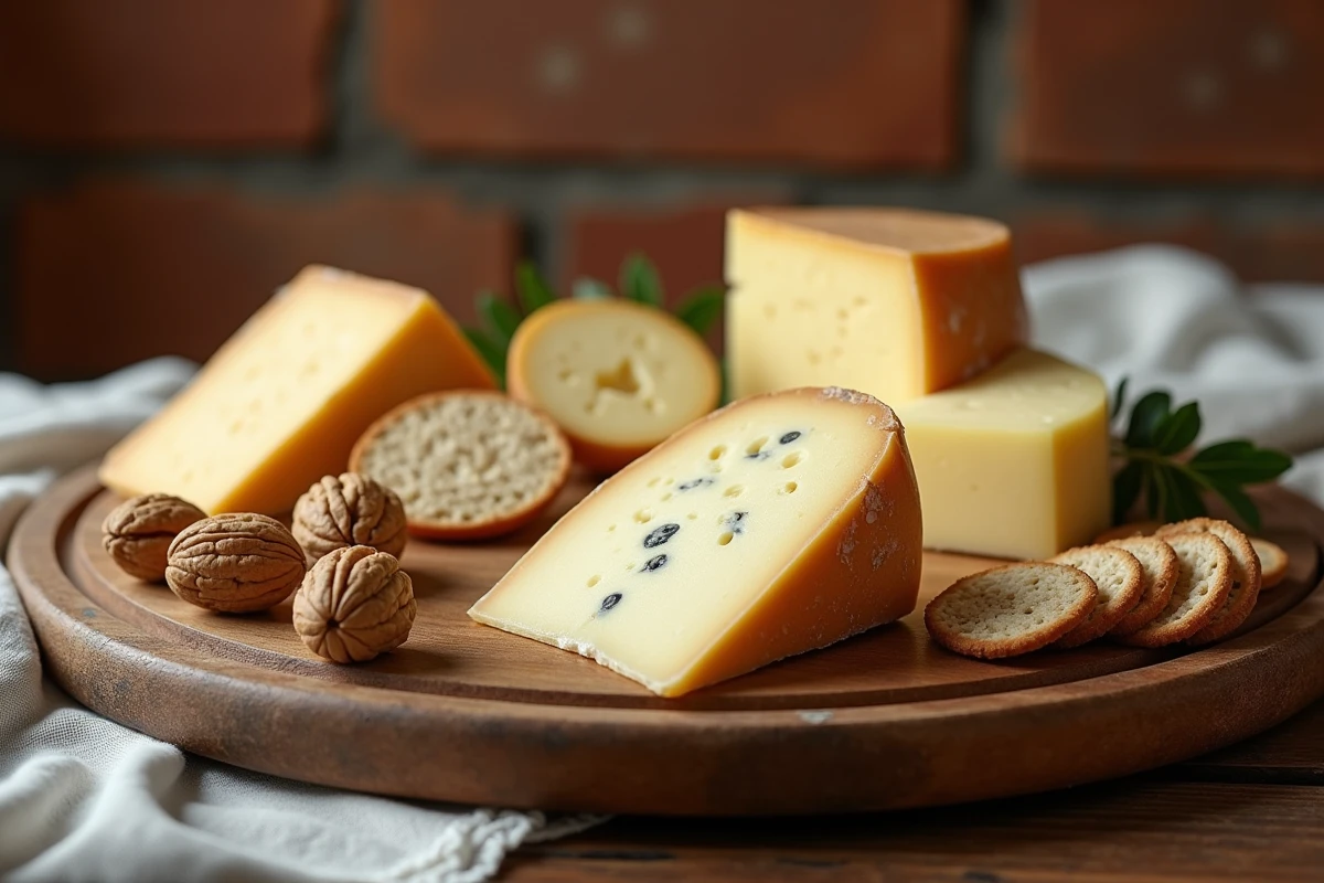 Plateau de fromages variés pour diabétique incluant comté, gruyère, chèvre et roquefort sur une planche en bois rustique