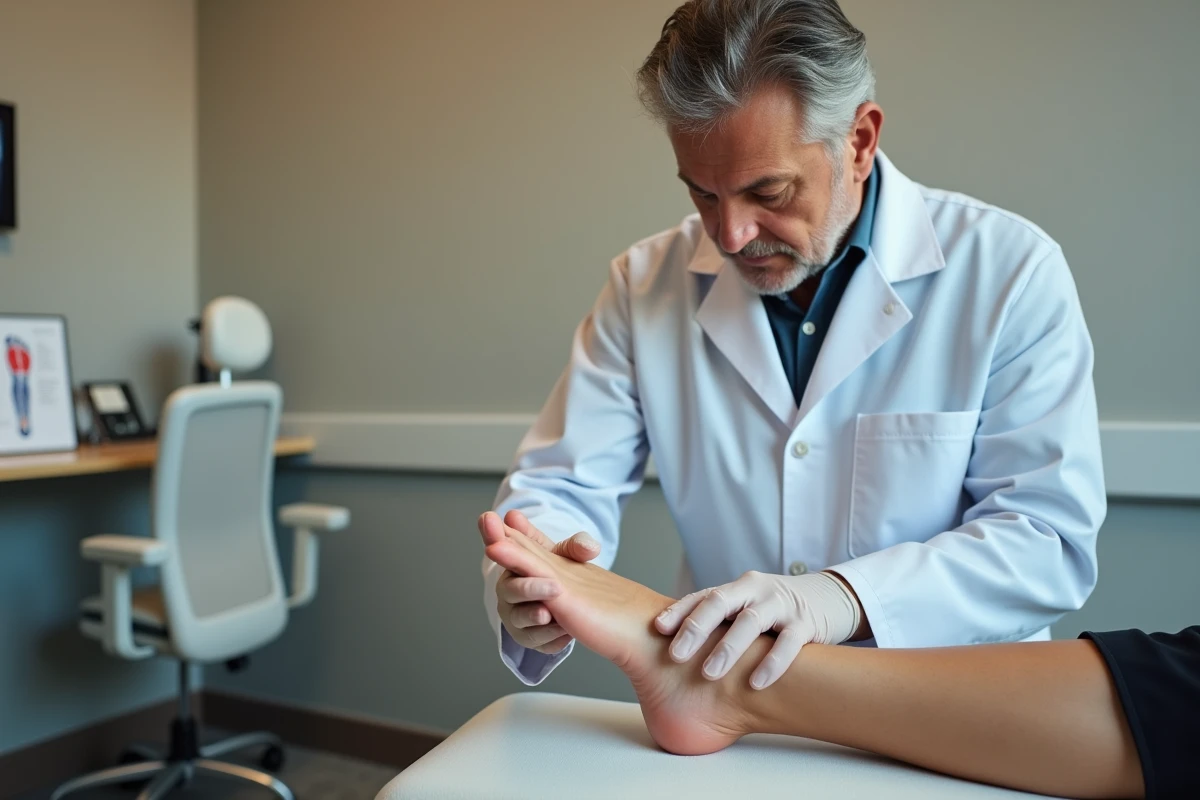 Podologue examinant et palpant le bord extérieur du pied d'un patient pour diagnostiquer une douleur du nerf sural