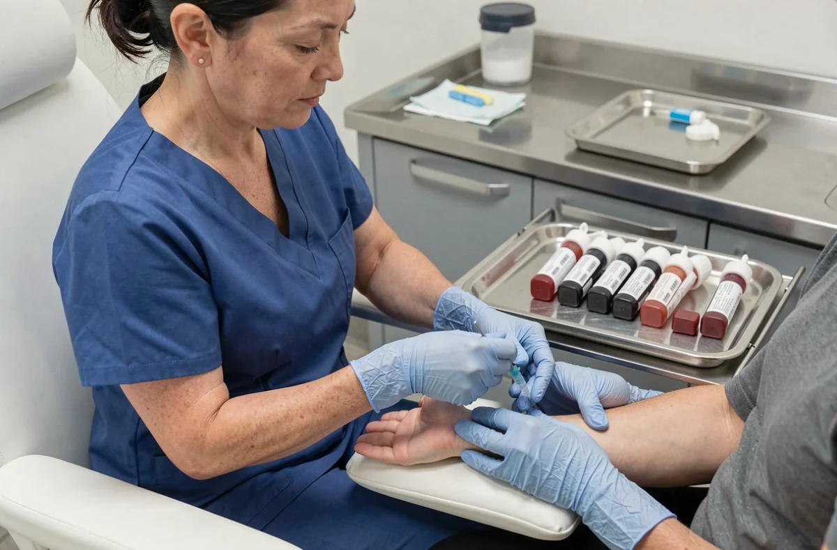 Infirmière effectuant un prélèvement sanguin pour une analyse GGT en salle de soins médicaux