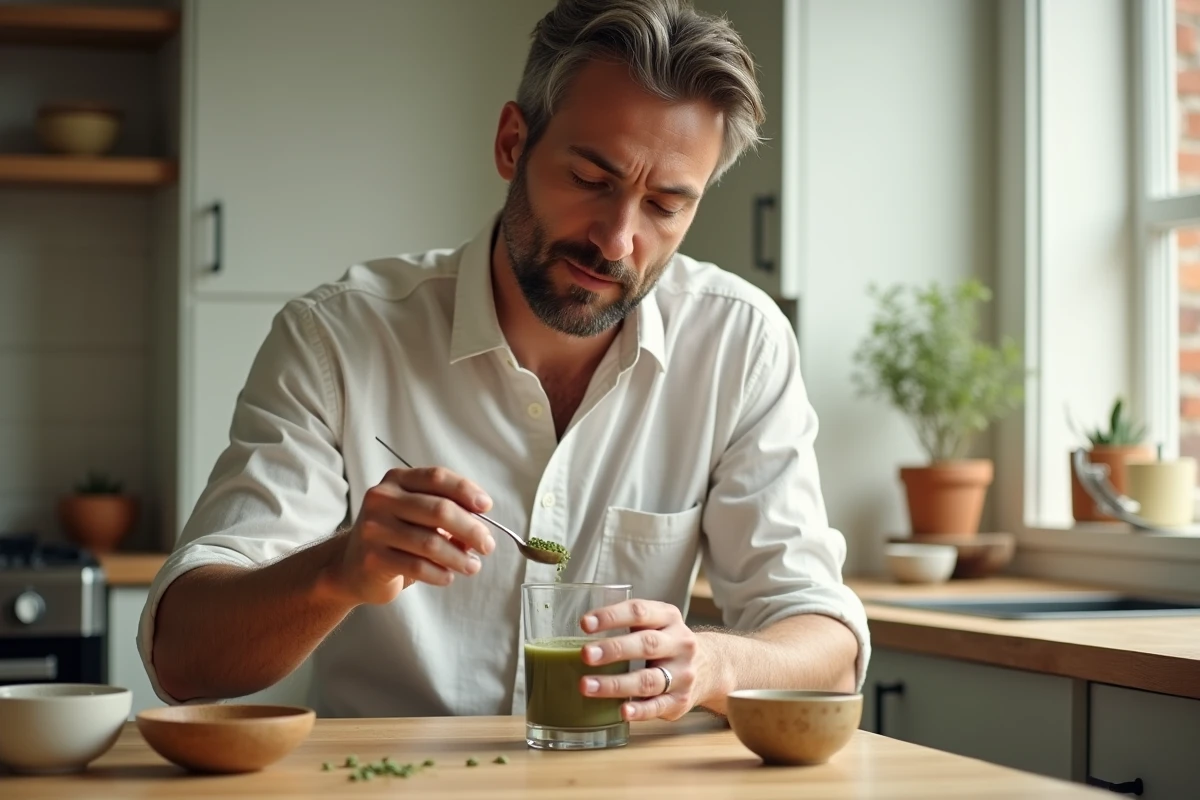 Homme préparant une solution d'argile verte concentrée dans un verre d'eau à la maison