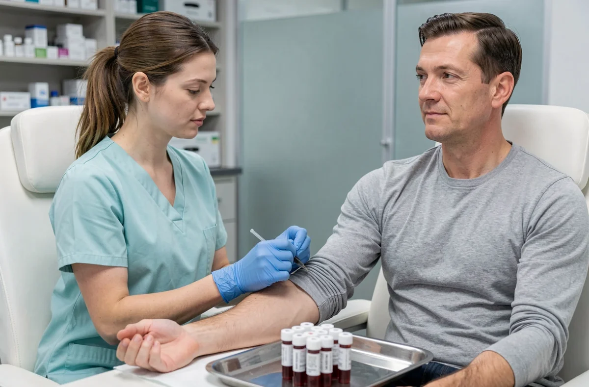 Infirmière réalisant une prise de sang pour analyser les taux de Gamma GT en laboratoire médical