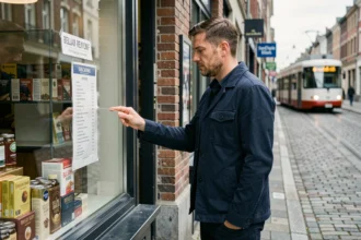 Homme consultant les prix des cigarettes devant un bureau de tabac belge en ville