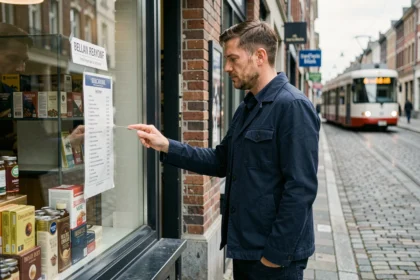 Homme consultant les prix des cigarettes devant un bureau de tabac belge en ville