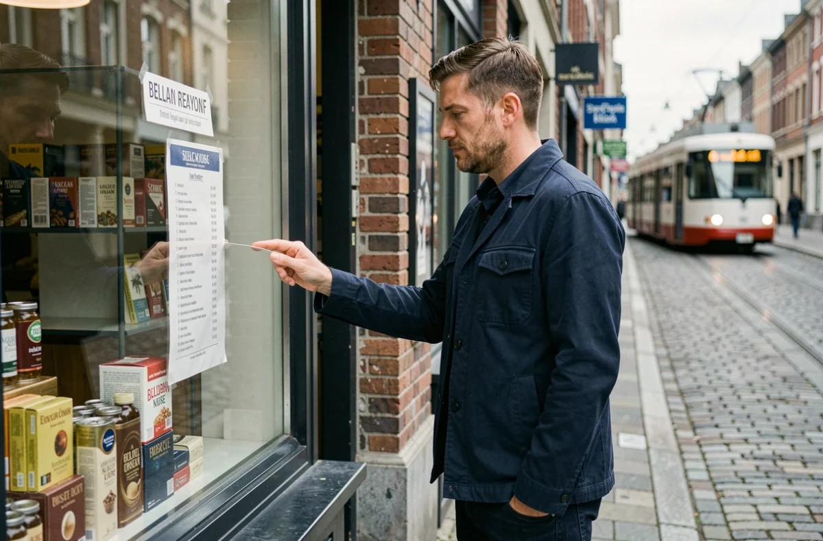 Homme consultant les prix des cigarettes devant un bureau de tabac belge en ville