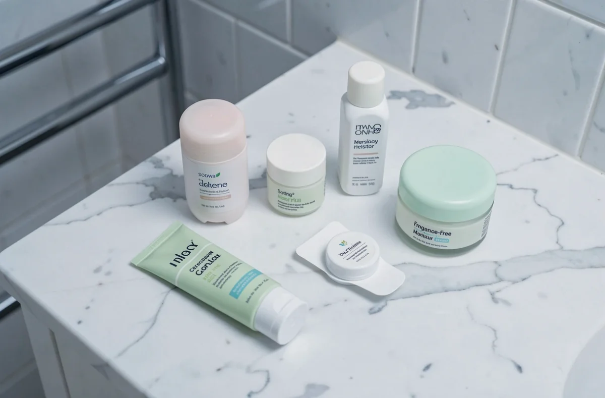 Produits de soin pour l'aisselle posés sur un comptoir en marbre blanc : déodorant, bande de cire épilatoire et gel apaisant contre les irritations