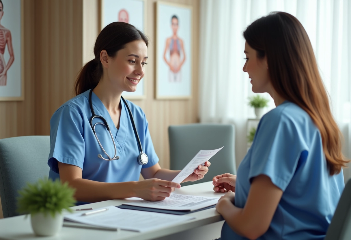 Professionnelle de santé expliquant un diagramme à une femme enceinte