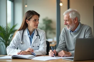 Professionnelle de santé en consultation avec un patient âgé