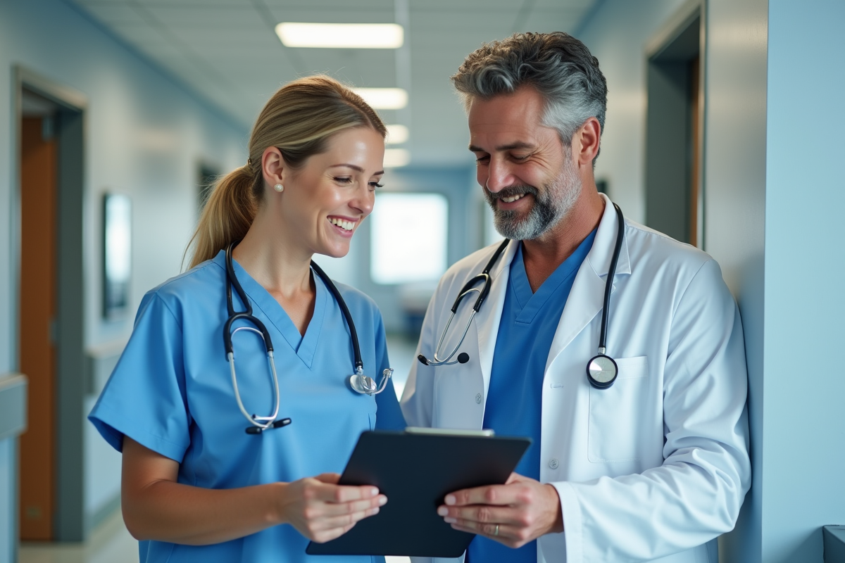 Professionnels de santé dans un couloir d