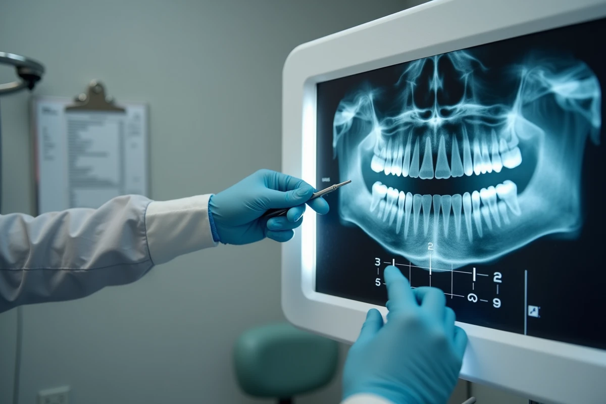 Radiographie dentaire complète avec grille de numérotation des dents affichée sur un négatoscope de cabinet dentaire