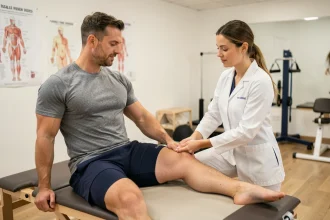 Sportif en rééducation du genou avec une kinésithérapeute dans une clinique de physiothérapie moderne, traitement de la patte d'oie