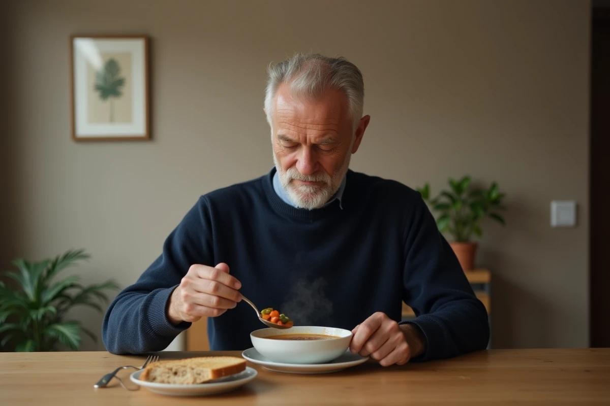 Homme mangeant un repas l&eacute;ger le soir pour pr&eacute;venir les extrasystoles li&eacute;es &agrave; une mauvaise digestion