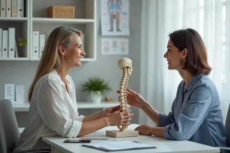 Rhumatologue montrant un modèle squelettique de la colonne vertébrale
