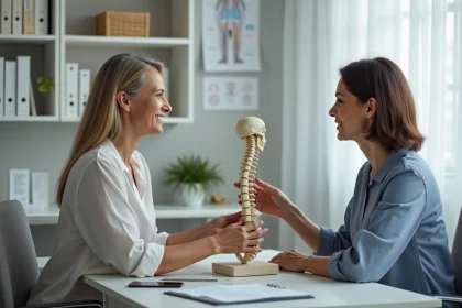 Rhumatologue montrant un mod&egrave;le squelettique de la colonne vert&eacute;brale