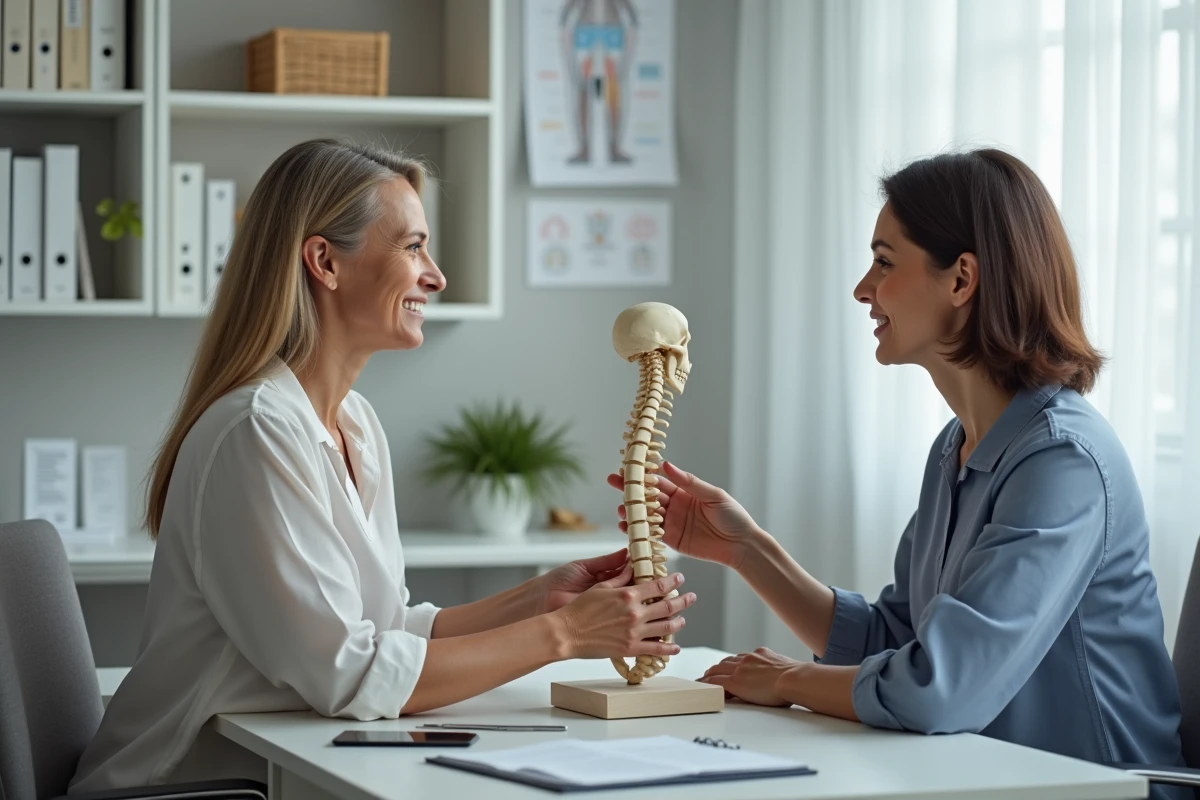 Rhumatologue montrant un modèle squelettique de la colonne vertébrale