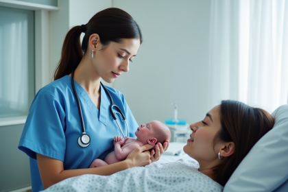 Sage-femme en salle de maternité avec nouveau-né et mère