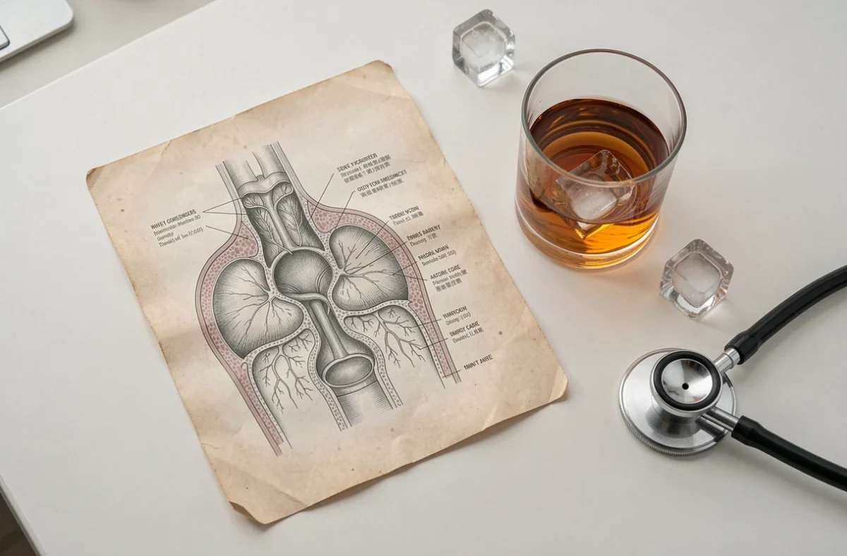 Composition médicale montrant un schéma anatomique de la muqueuse buccale avec un verre d'alcool fort, illustrant les effets irritants sur le palais
