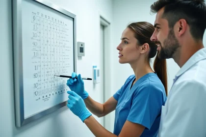 Dentiste expliquant un schéma de numérotation dentaire à un collègue dans un cabinet dentaire moderne