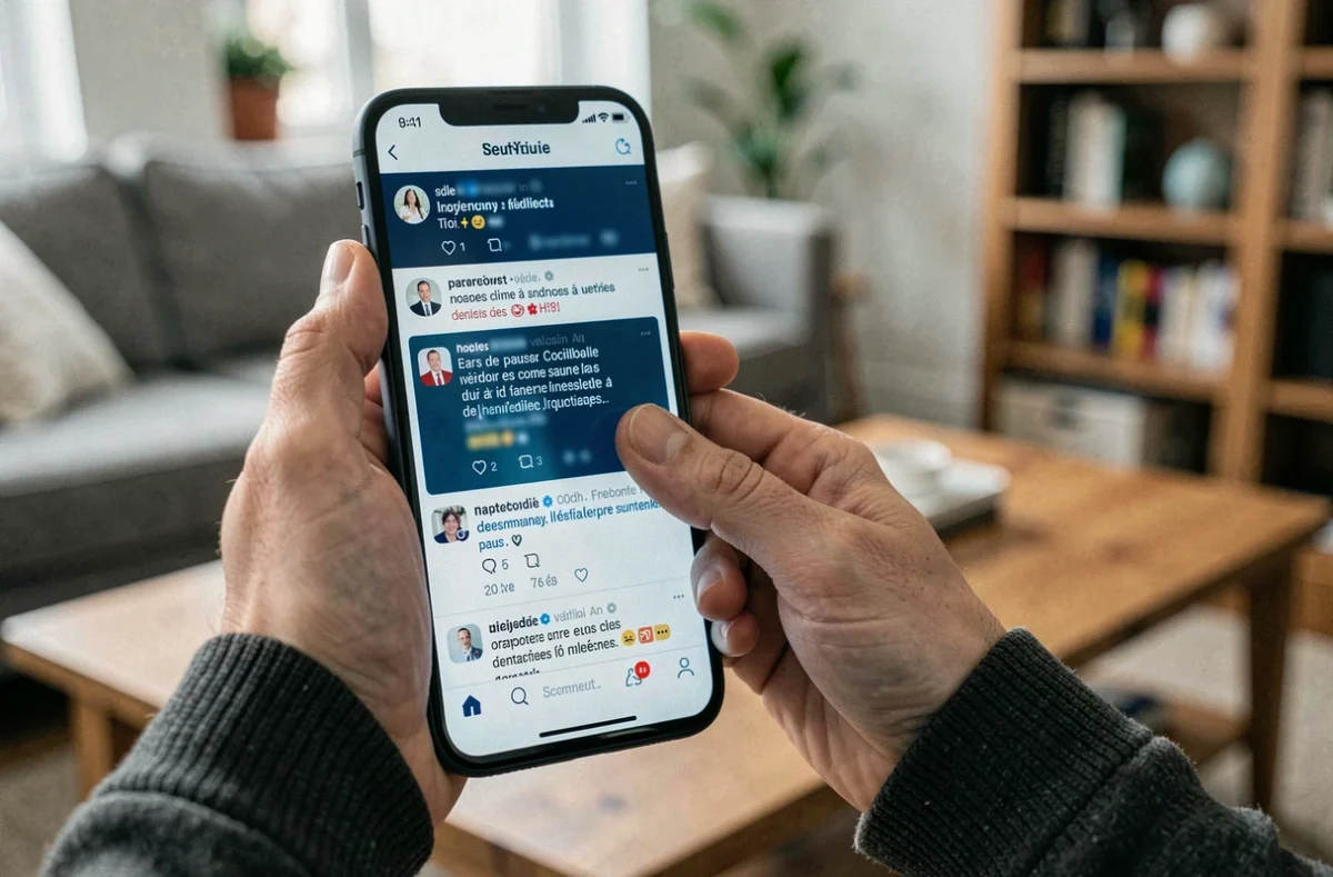 Main tenant un smartphone affichant un fil d'actualité avec des alertes de désinformation en français dans un salon moderne